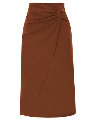 Ruched Front Skirt High Waist Back Slit Mid-Calf A-Line Skirt