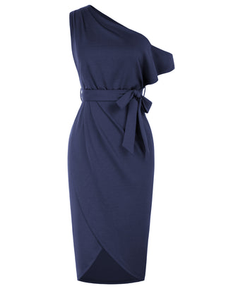 Wrap Hem OL Asymmetric Shoulder Below Knee Bodycon Dress