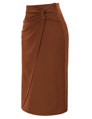 Ruched Front Skirt High Waist Back Slit Mid-Calf A-Line Skirt