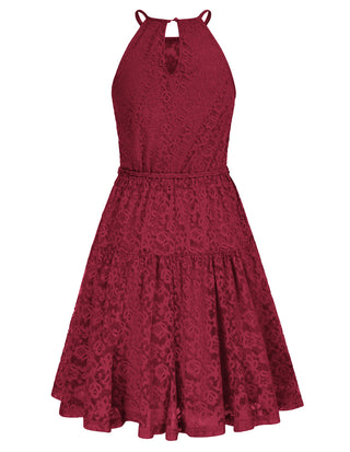 Lace Mini Halterneck Keyhole Back Elastic Waist A-Line Dress