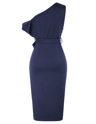 Wrap Hem OL Asymmetric Shoulder Below Knee Bodycon Dress