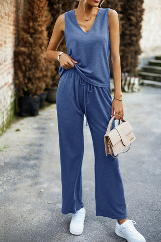 Women Comfy Outfits Sleeveless V-Neck Tank Top+Elastic Drawstring Waist Pants