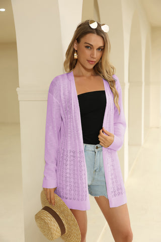 Hollowed-out Cardigan Sweater Long Sleeve Open Front Mid-Thigh Knitwear