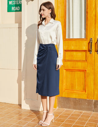 Ruched Front Skirt High Waist Back Slit Mid-Calf A-Line Skirt