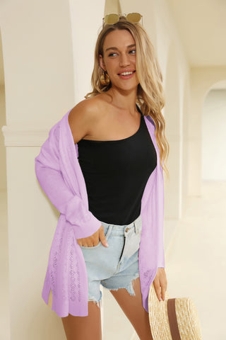 Hollowed-out Cardigan Sweater Long Sleeve Open Front Mid-Thigh Knitwear