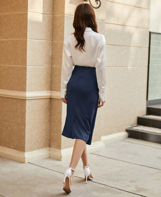 Ruched Front Skirt High Waist Back Slit Mid-Calf A-Line Skirt