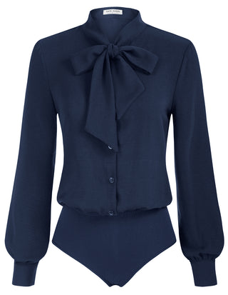 Bow-Knot Decorated Bodysuit Long Sleeve Elastic Waist Shirt