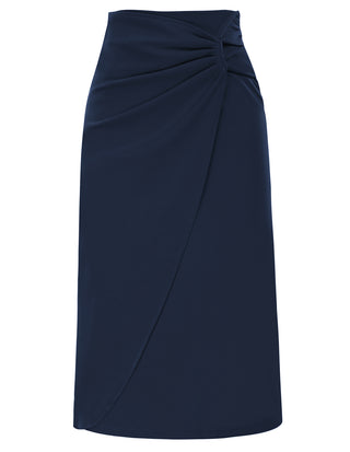 Ruched Front Skirt High Waist Back Slit Mid-Calf A-Line Skirt