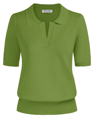 Lapel Collar Sweater Loose Fit Short Sleeve Ribbed Hem Knitted Tops