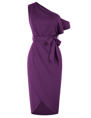 Wrap Hem OL Asymmetric Shoulder Below Knee Bodycon Dress