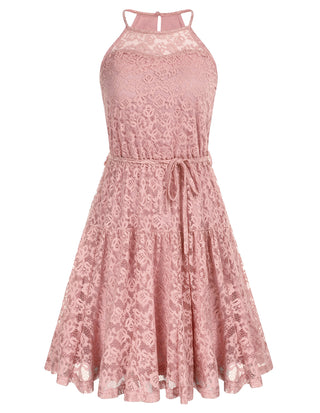 Lace Mini Halterneck Keyhole Back Elastic Waist A-Line Dress