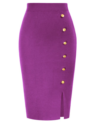 Front Slit Sweater Skirt Elastic High Waist Knitted Bodycon Work Skirt