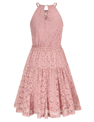 Lace Mini Halterneck Keyhole Back Elastic Waist A-Line Dress