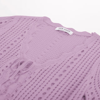 Women Hollowed-out Cardigan Short Sleeve V-Neck Tie-Front Shrug Knitwear