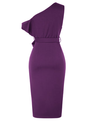 Wrap Hem OL Asymmetric Shoulder Below Knee Bodycon Dress