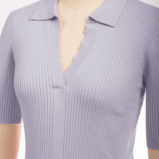 Women Lapel Collar Sweater Tops Short Sleeve V-Neck Ribbed Knitted Tops