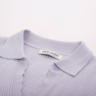 Women Lapel Collar Sweater Tops Short Sleeve V-Neck Ribbed Knitted Tops