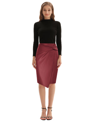 PU Leather Pencil Skirt Knee Length Knot-Front Hips-Wrapped Skirt