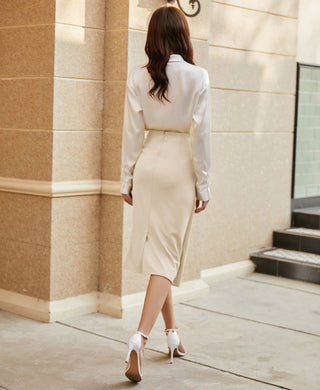 Ruched Front Skirt High Waist Back Slit Mid-Calf A-Line Skirt