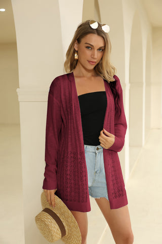 Hollowed-out Cardigan Sweater Long Sleeve Open Front Mid-Thigh Knitwear
