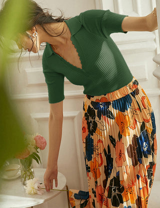 Women Lapel Collar Sweater Tops Short Sleeve V-Neck Ribbed Knitted Tops