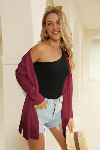 Hollowed-out Cardigan Sweater Long Sleeve Open Front Mid-Thigh Knitwear