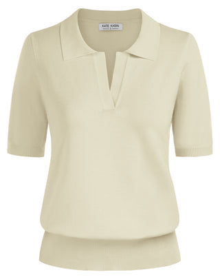 Lapel Collar Sweater Loose Fit Short Sleeve Ribbed Hem Knitted Tops