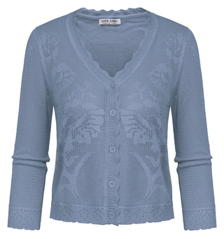Women Hollowed-out Textured Cardigan 3/4 Sleeve V-Neck Button-up Sweater