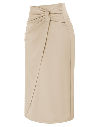 Ruched Front Skirt High Waist Back Slit Mid-Calf A-Line Skirt
