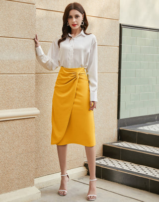 Ruched Front Skirt High Waist Back Slit Mid-Calf A-Line Skirt