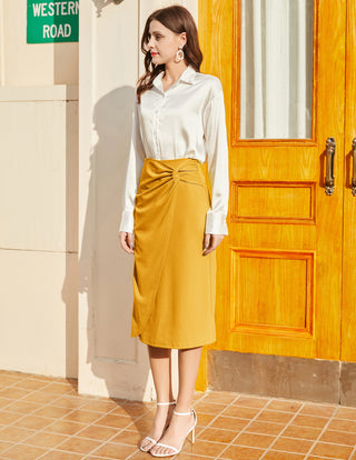 Ruched Front Skirt High Waist Back Slit Mid-Calf A-Line Skirt