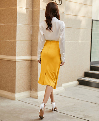 Ruched Front Skirt High Waist Back Slit Mid-Calf A-Line Skirt