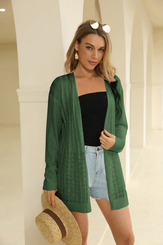 Hollowed-out Cardigan Sweater Long Sleeve Open Front Mid-Thigh Knitwear