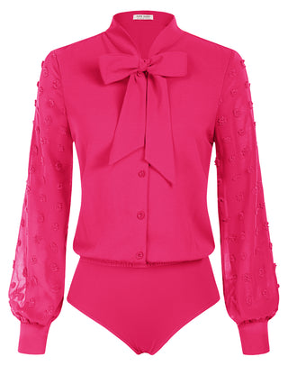 Bow-Knot Decorated Bodysuit Long Sleeve Elastic Waist Shirt