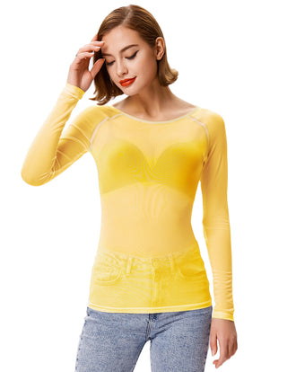 Women's Long Sleeve Scoop Neck See-through T-shirt Tops