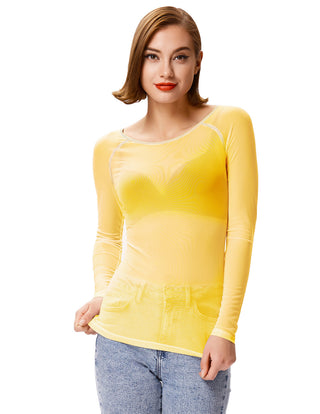 Women's Long Sleeve Scoop Neck See-through T-shirt Tops