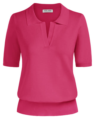 Lapel Collar Sweater Loose Fit Short Sleeve Ribbed Hem Knitted Tops