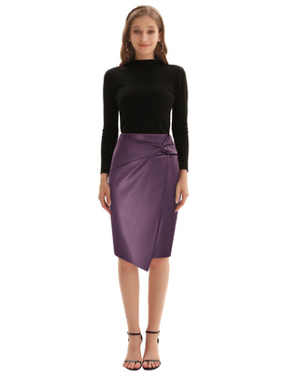 PU Leather Pencil Skirt Knee Length Knot-Front Hips-Wrapped Skirt