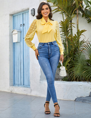 Women Bow-Knot Decorated Shirt Pullover Long Sleeves V-Neck Tops