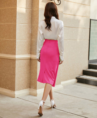 Ruched Front Skirt High Waist Back Slit Mid-Calf A-Line Skirt