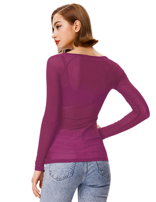 Women's Long Sleeve Scoop Neck See-through T-shirt Tops