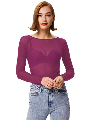 Women's Long Sleeve Scoop Neck See-through T-shirt Tops