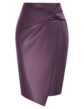 PU Leather Pencil Skirt Knee Length Knot-Front Hips-Wrapped Skirt