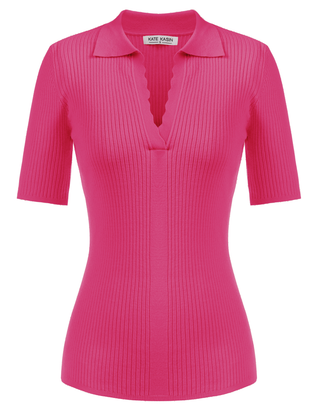 Women Lapel Collar Sweater Tops Short Sleeve V-Neck Ribbed Knitted Tops