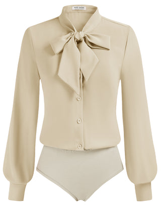 Bow-Knot Decorated Bodysuit Long Sleeve Elastic Waist Shirt