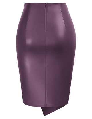 PU Leather Pencil Skirt Knee Length Knot-Front Hips-Wrapped Skirt