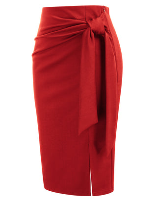 Bow-Knot Decorated Skirt High Waist Side Slit Bodycon Skirt