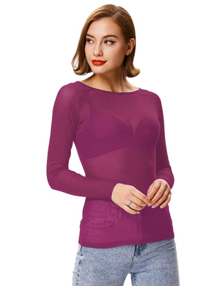 Women's Long Sleeve Scoop Neck See-through T-shirt Tops