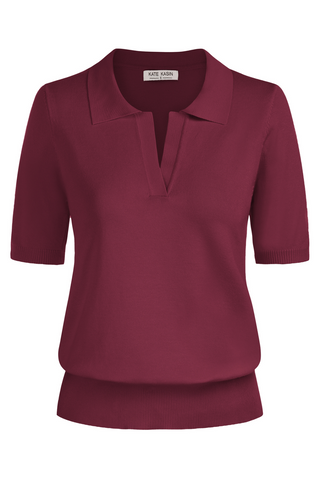 Lapel Collar Sweater Loose Fit Short Sleeve Ribbed Hem Knitted Tops