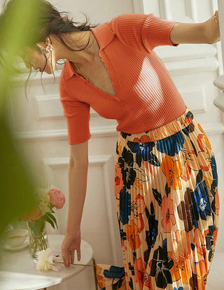 Women Lapel Collar Sweater Tops Short Sleeve V-Neck Ribbed Knitted Tops